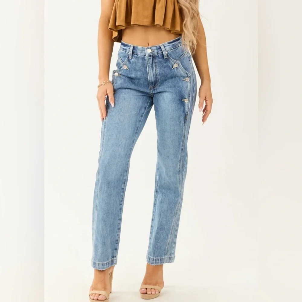 NWT Saige Denim Button Detail Side Panel Tummy Control Straight Leg Denim Jeans - Picture 5 of 11